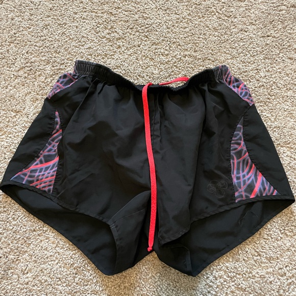Black ASICS shorts with pink and purple pattern with panty liner and drawstring - Picture 1 of 1